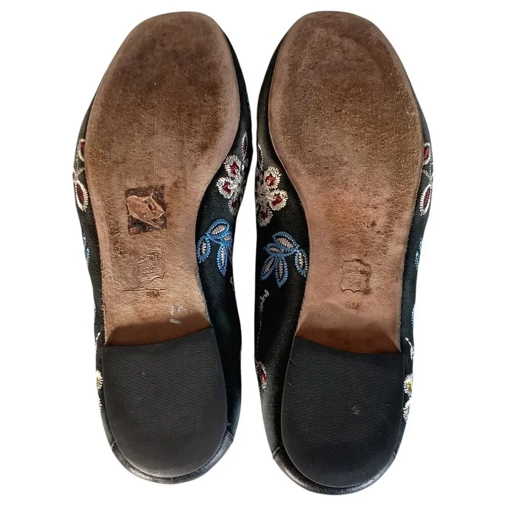 Tory Burch Black Floral Embroidered Smoking Slippers Flat Shoe Loafer Leather 9